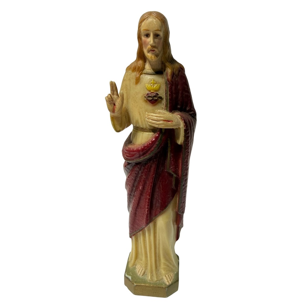 Vintage Sacred Heart of Jesus 6 Inch Plastic Statue Made in Hong Kong Red Cream